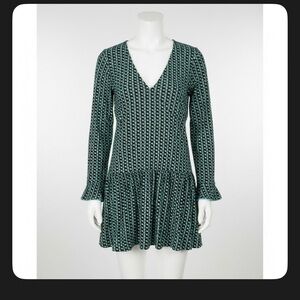 Alessia Women's Teal Black Heart Print Drop Waist Flared Sleeve Mini Dress S